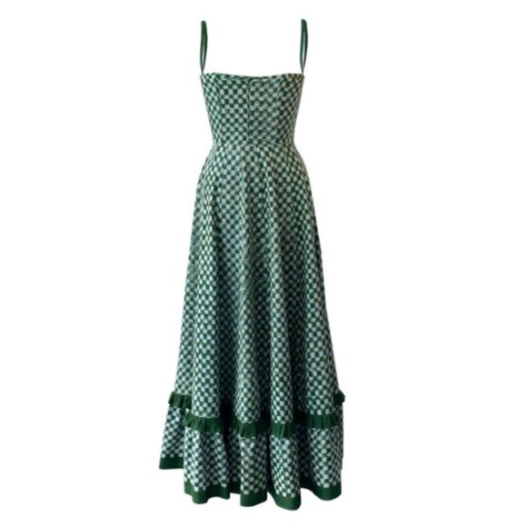 Green/White Checkmate Checkered Maxi Pleated Dress - Picture 8 of 16